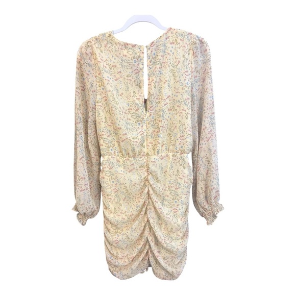 Mable Butter Yellow Ditsy Floral Ruched Long Sleeve Ruffle Hem Dress Size Large - Picture 3 of 5
